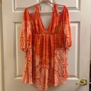 Free People Orange Paisley Tie-Detail Mini Dress